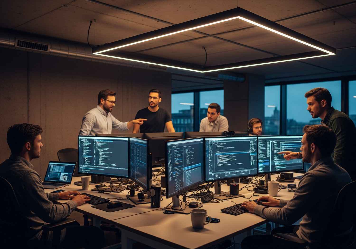 Modern software studio with engineers collaborating